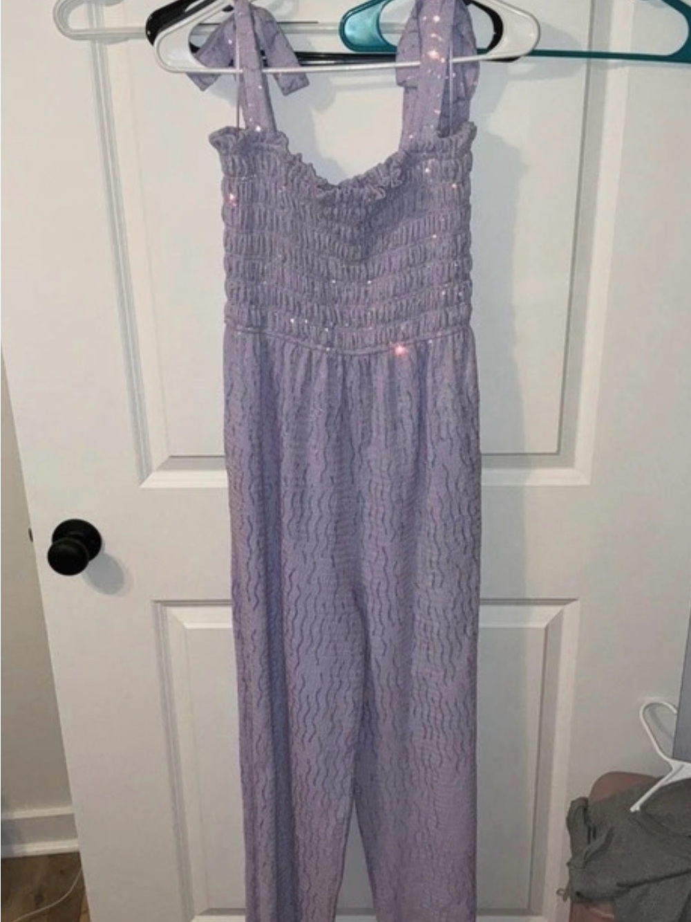 Sparkly Lavender Smocked One-Piece Jumpsuit